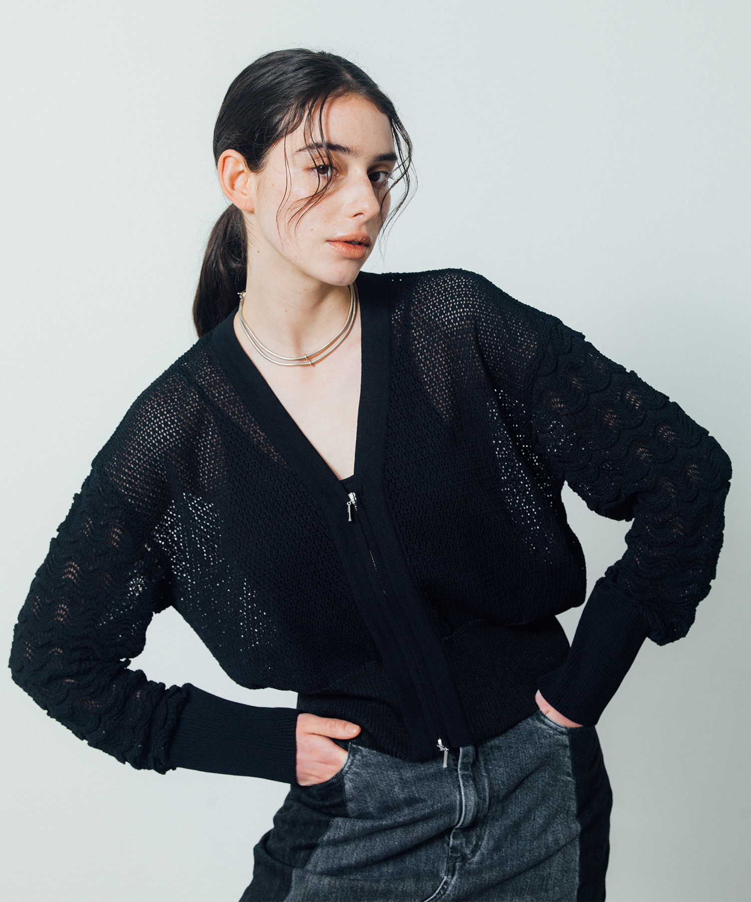 Lace Sleeve Zip Cardigan