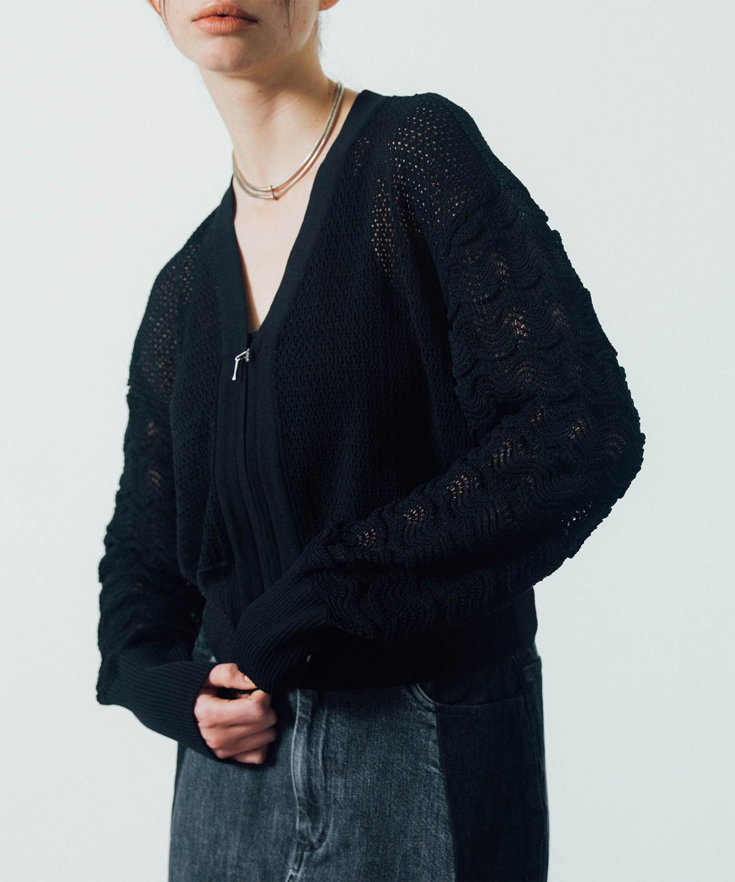 Lace Sleeve Zip Cardigan